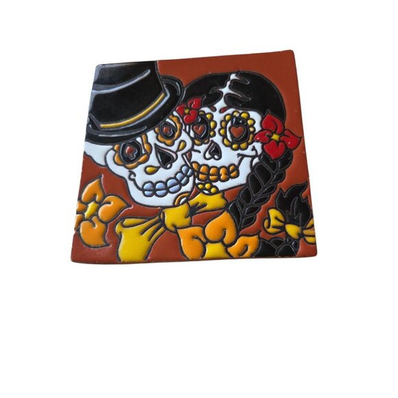 Earthtones Hand Glazed Tile Day of the Dead Skeleton Couple 6" x 6" Bride Groom - Picture 1 of 5